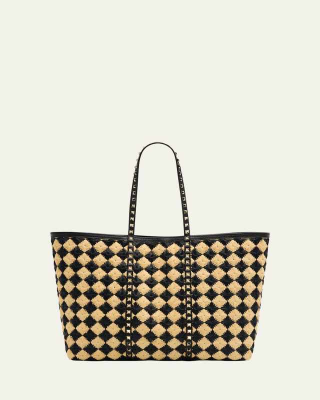 Rockstud Embroidered Raffia Shopping Tote Bag